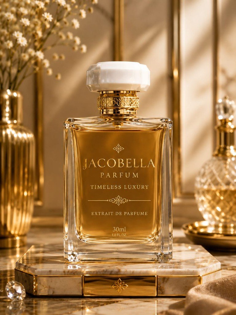 Jacobella Parfum bottle on gold marble pedestal