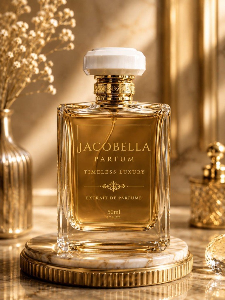 Jacobella Parfum bottle on marble — Timeless Luxury